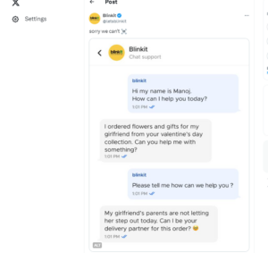 Blinkit User's Valentine's Day Delivery Request for Girlfriend Leaves Internet Impressed. 30 "Blinkit User's Valentine's Day