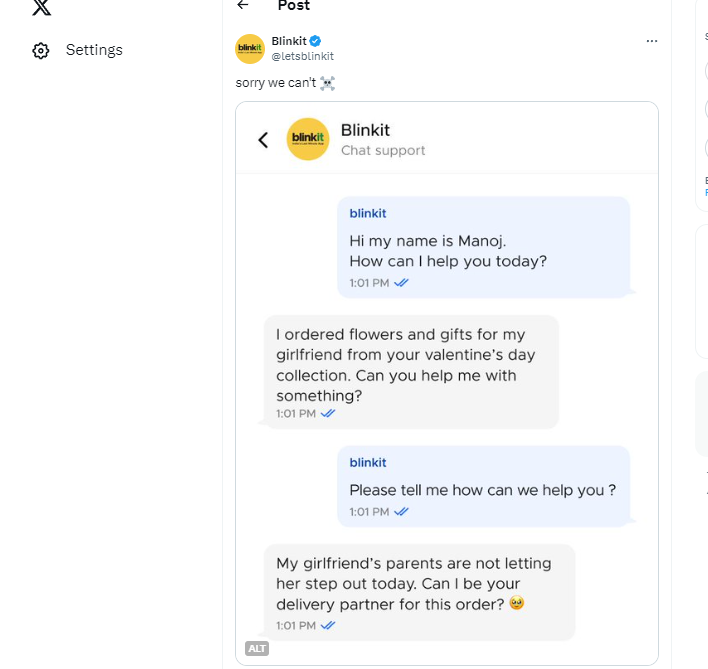 Blinkit User's Valentine's Day Delivery Request for Girlfriend Leaves Internet Impressed. 14 "Blinkit User's Valentine's Day