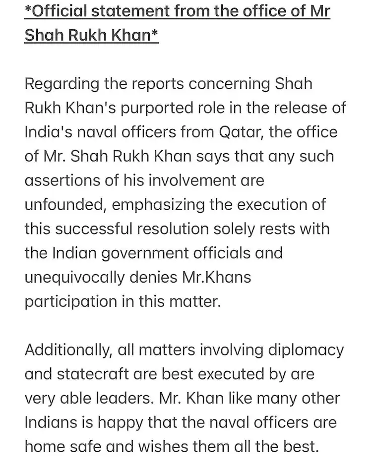 Shah Rukh Khan Denies Role in Qatar's Release of 7 Navy Veterans Amid Swamy's Claims 16 snapinsta.app 426340687 18410243338062980 6043449127857957915 n 1080